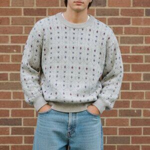 Peconic Bay Traders Mens Large Crewneck Sweater Gray Geometric Pattern Made USA